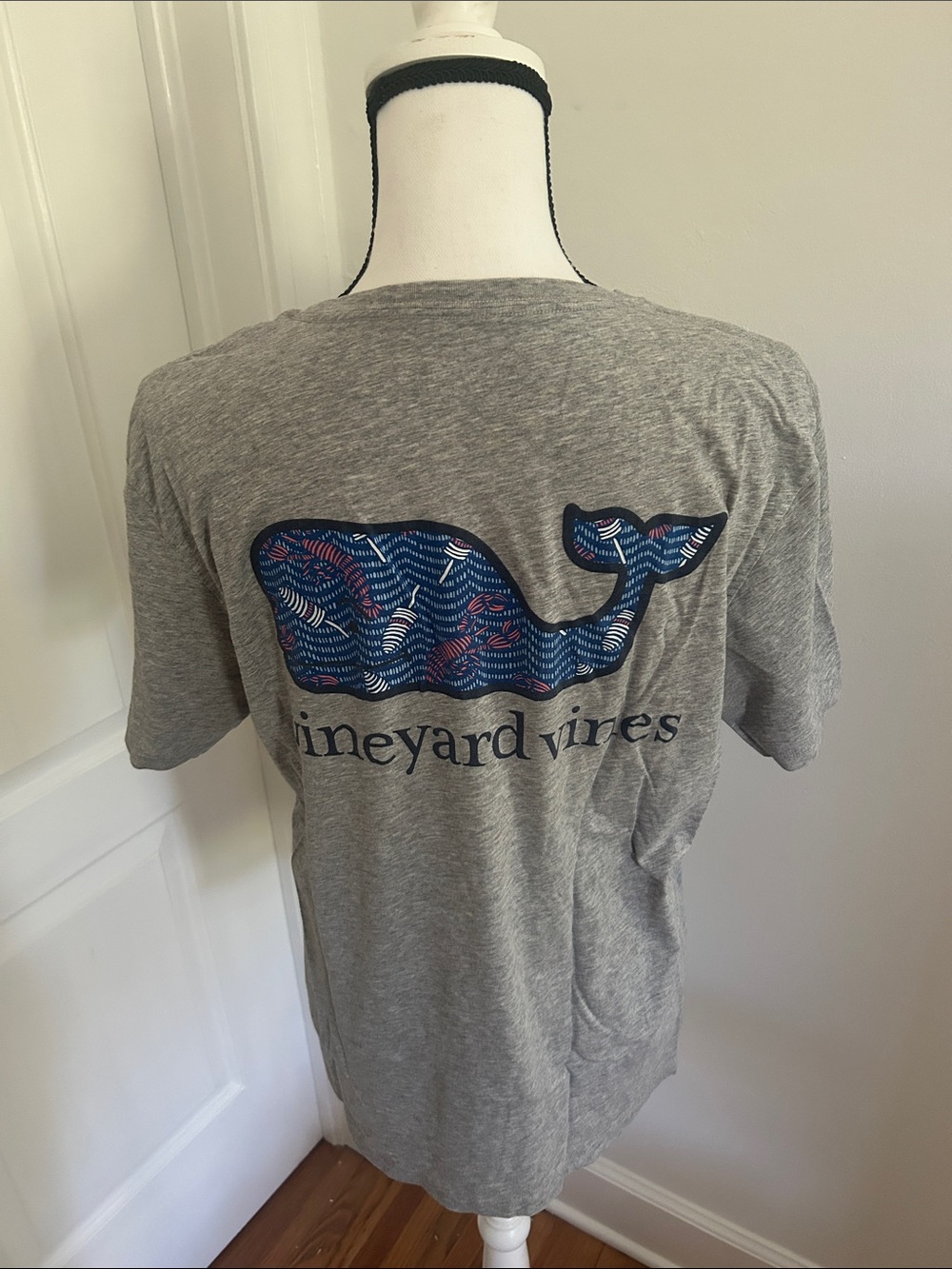 Vineyard Vines Heather Gray Whale Tee with Blue & Pink Pattern